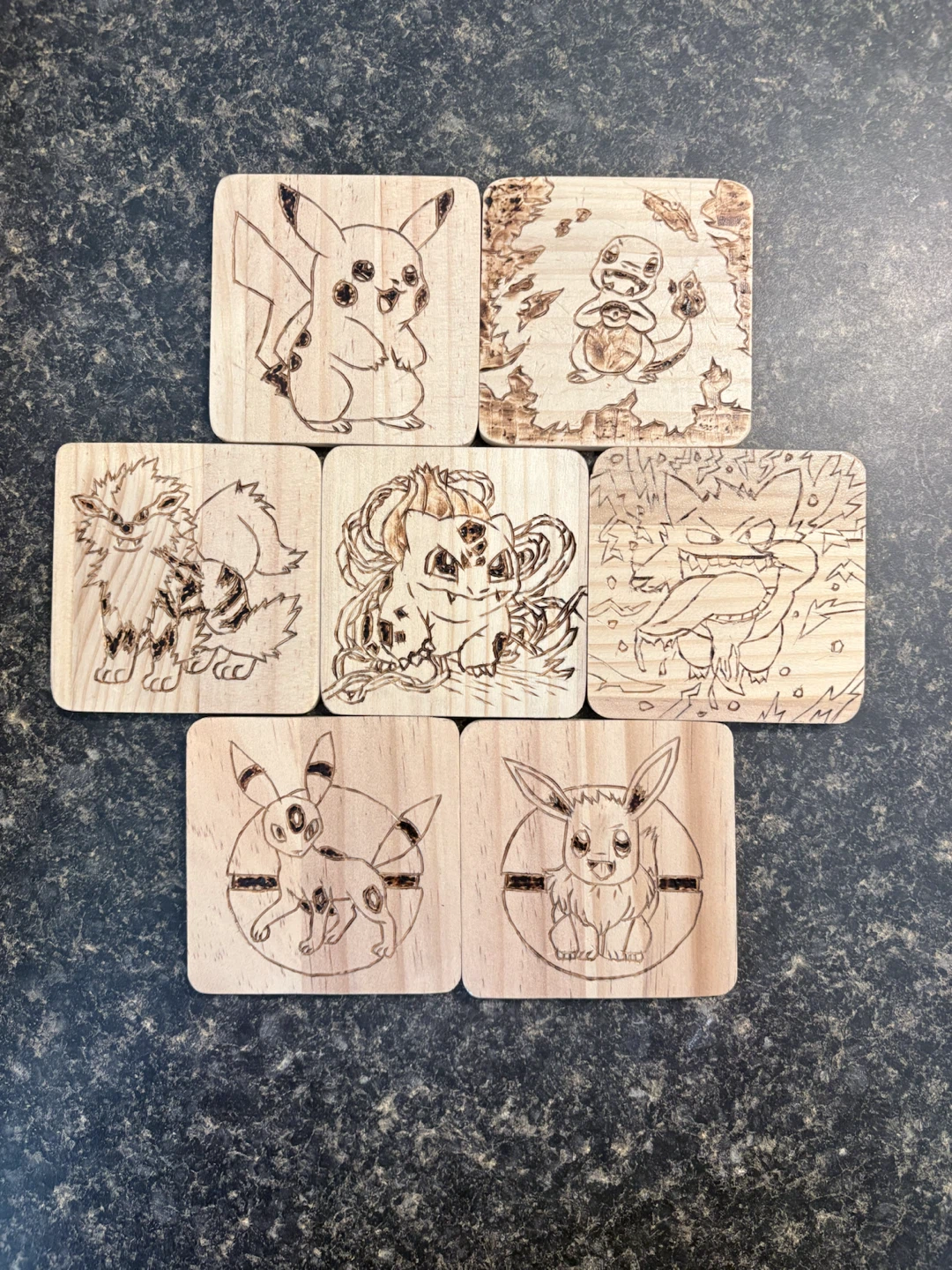 Wood-Burned by hand Pokemon coasters