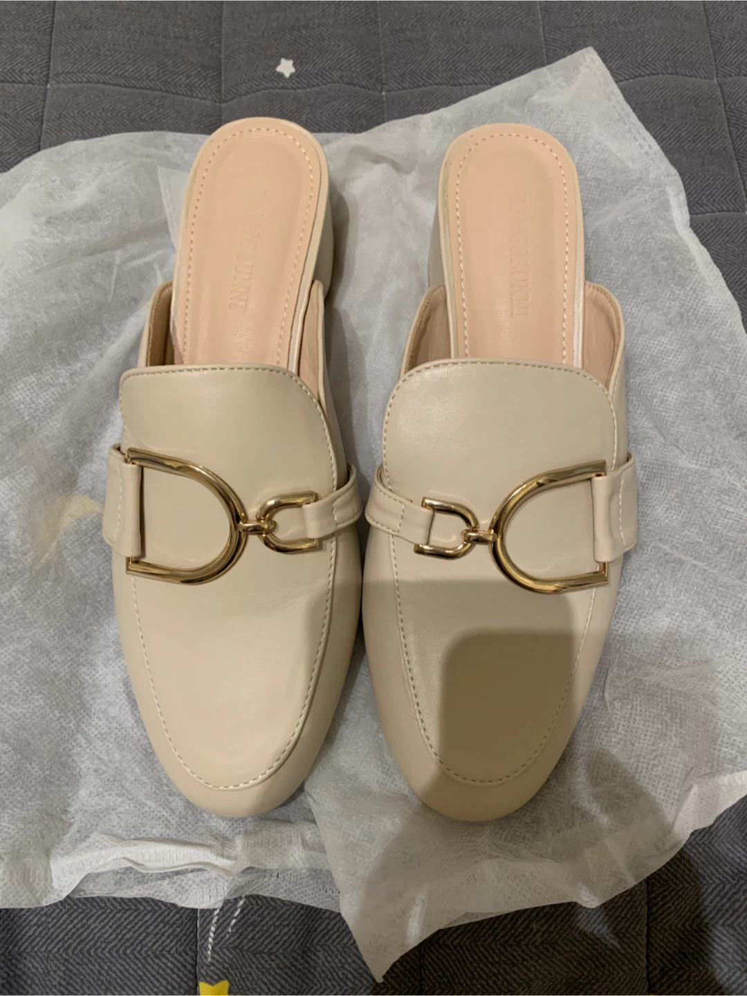 Beige Mule Heels with Gold Buckle