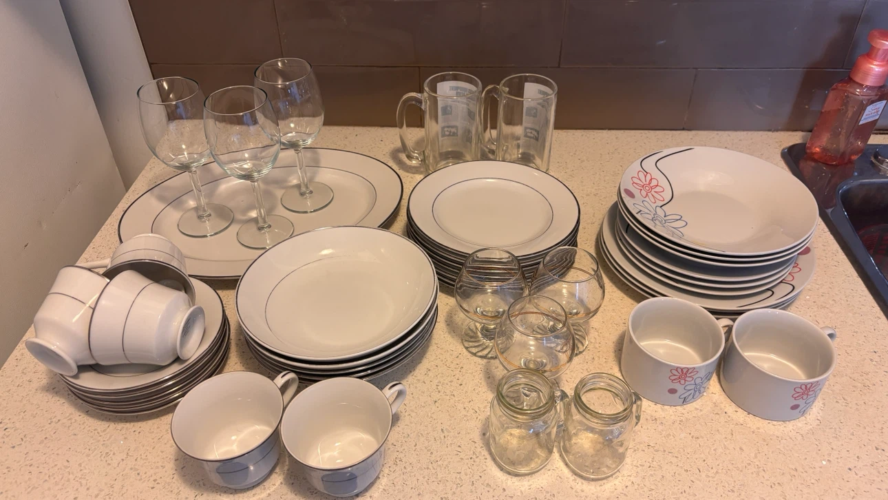 Dinnerware Set - White with Silver and Floral Accents