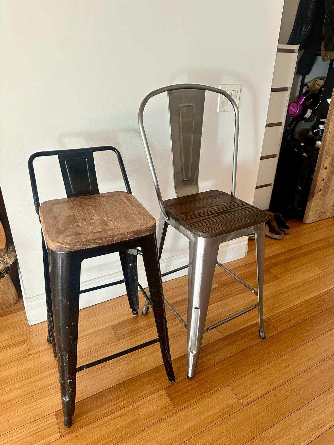 2 TOLIX COUNTER HEIGHT KITCHEN ISLAND BAR STOOLS STEEL WOOD
