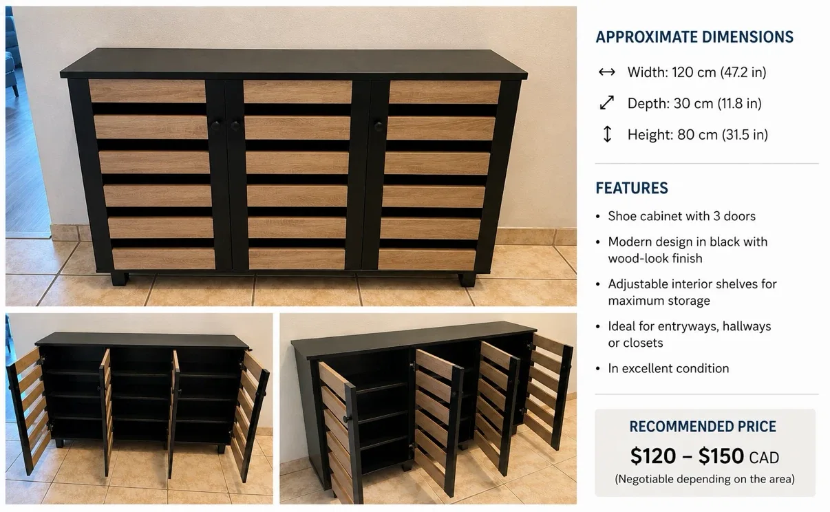 Black and Wood-Look Shoe Cabinet with 3 Doors