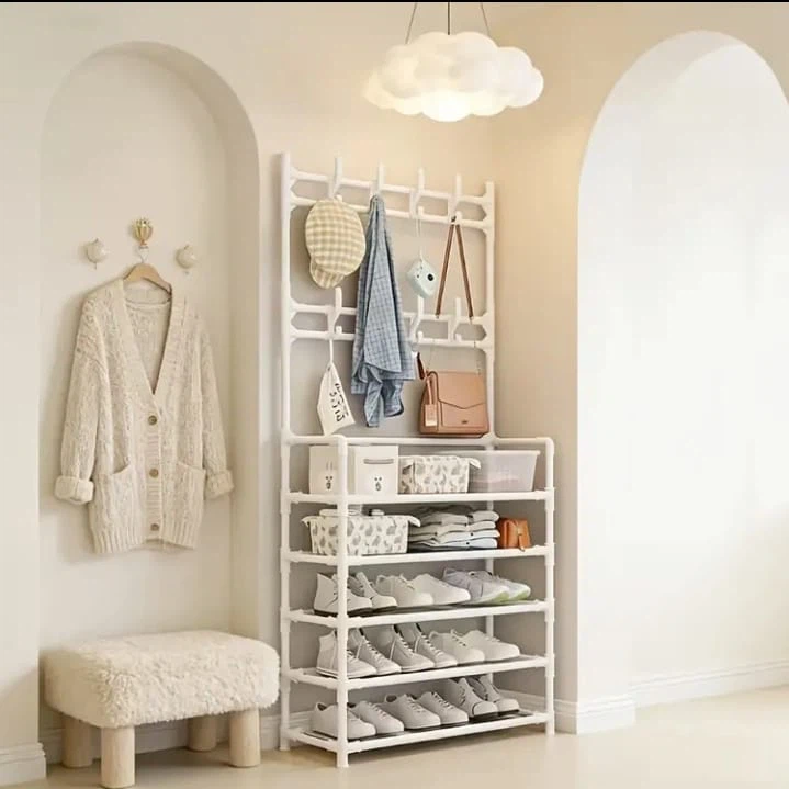 (NEVER USED) White 5-Tier Shoe Rack with Coat Hooks