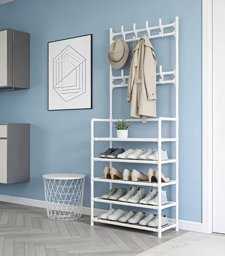 (NEVER USED) White 5-Tier Shoe Rack with Coat Hooks - photo 2