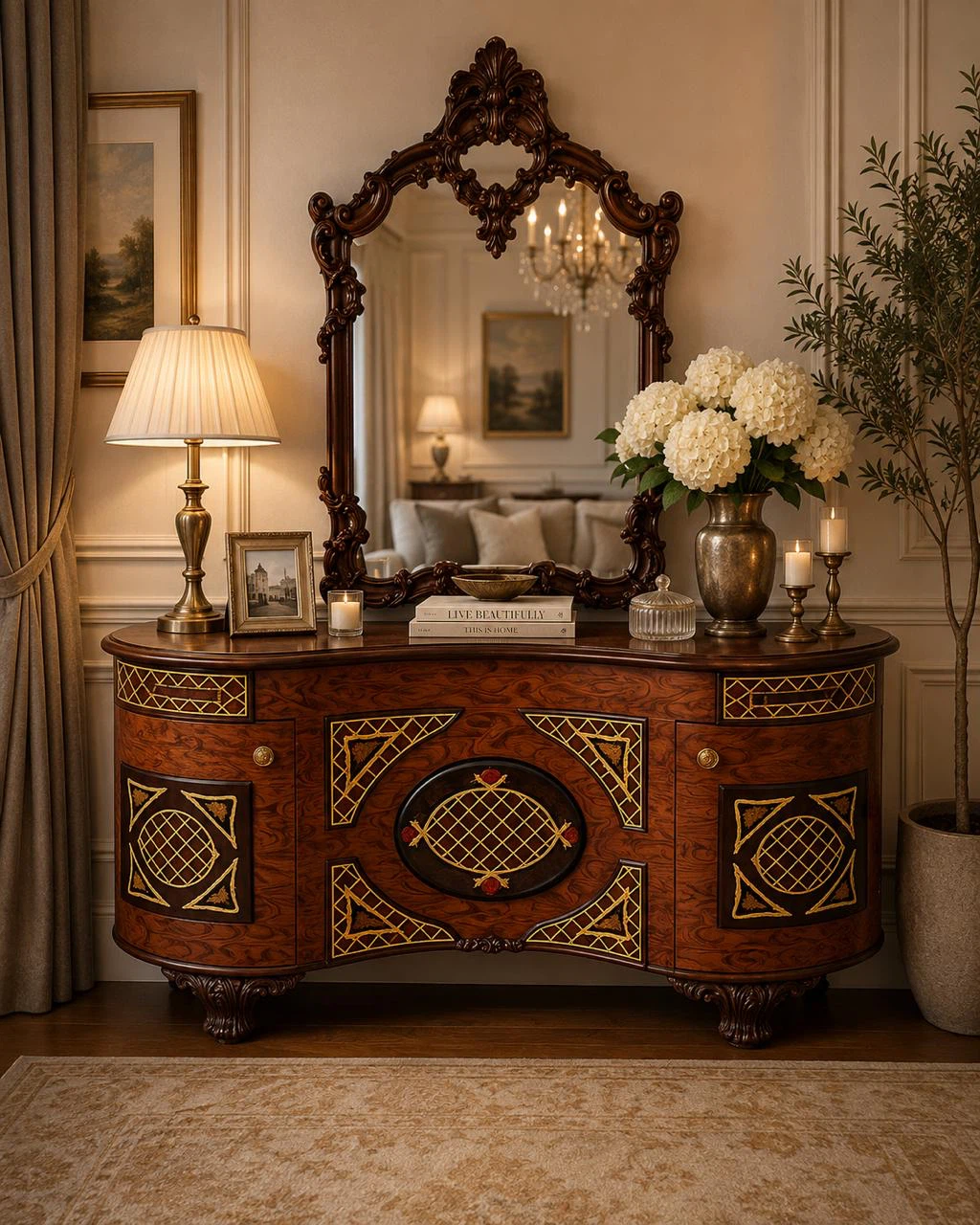 MUST GO 🚨(NEW) Antique Wooden Sideboard with Ornate Inlay