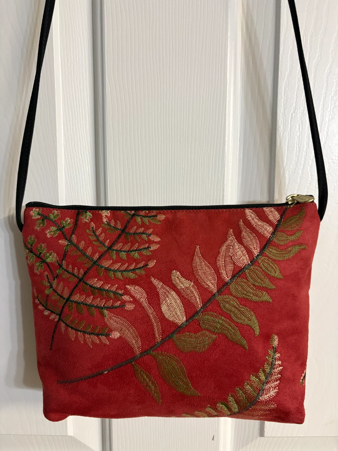 Danny K Red Suede Embroidered Fern Crossbody Bag