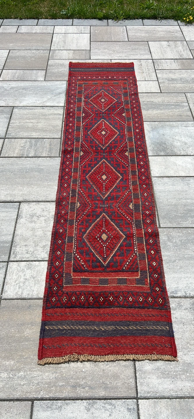 Red Handmade Wool Geometric Runner Rug
