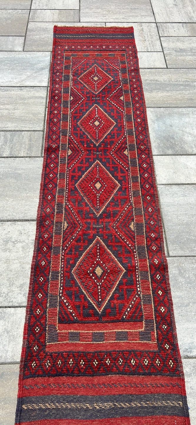 Red Handmade Wool Geometric Runner Rug - photo 2
