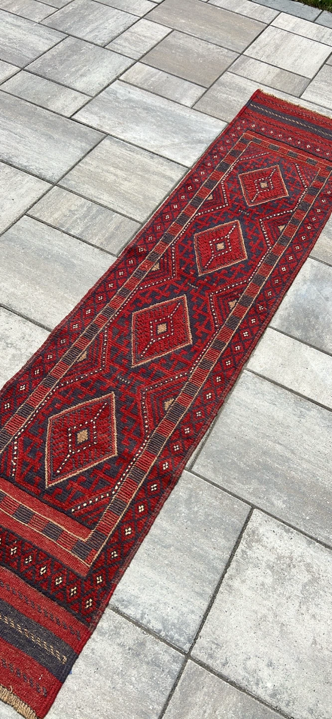 Red Handmade Wool Geometric Runner Rug - photo 3