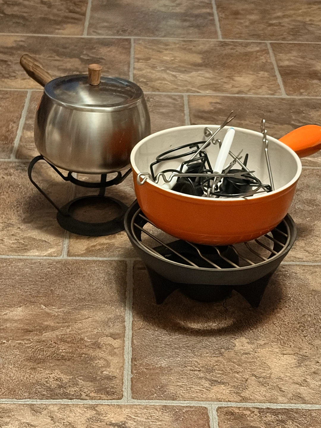Fondue Set with Orange Pot and Fondue Forks