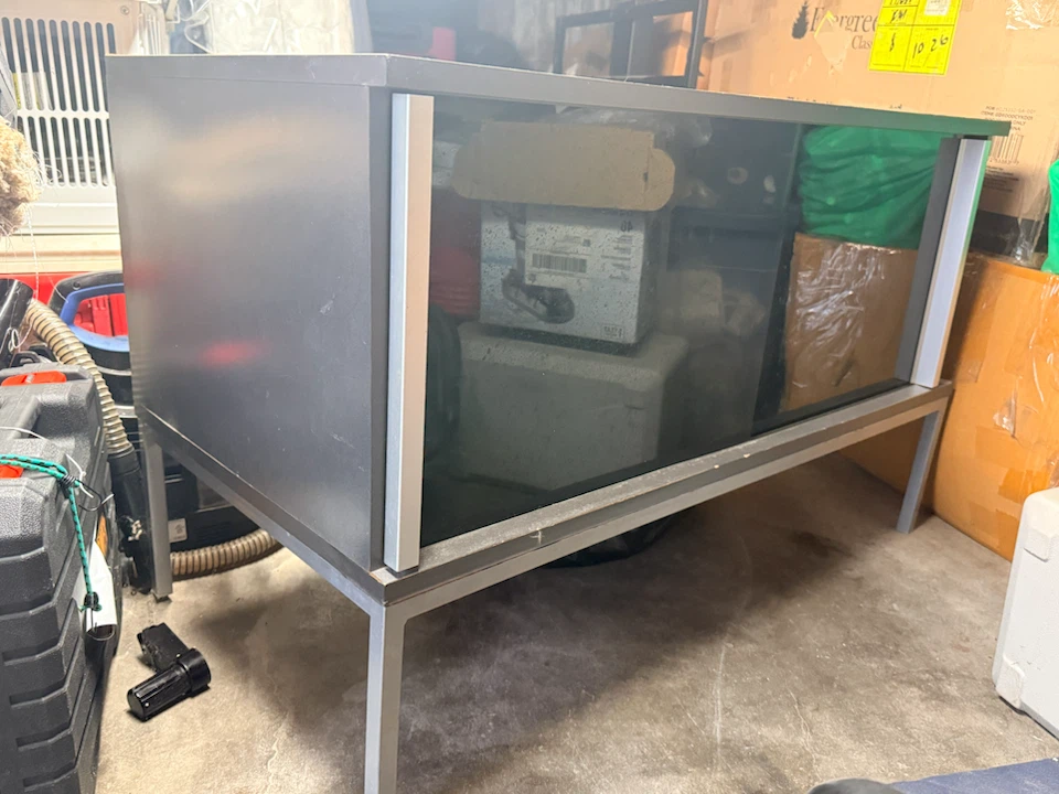 Grey console cabinet , smoked glass sliding doors 40”w x 24” h