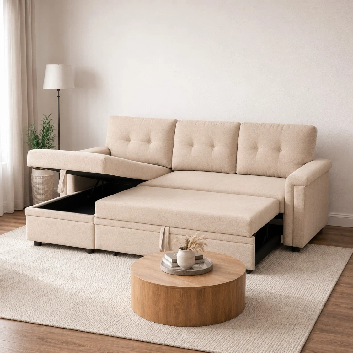 Beige Sectional Sofa with Storage and Pull-out Bed