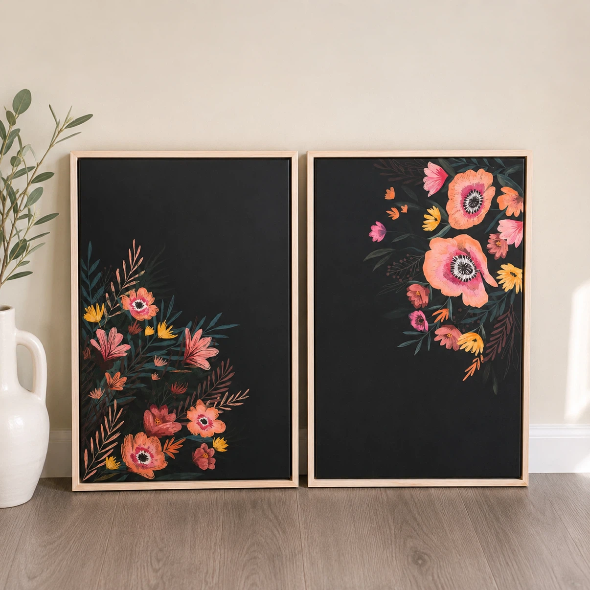Set of 2 Black Floral Framed Wall Art