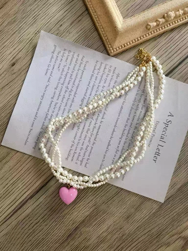 Layered Faux Pearl Necklace with Pink Heart Pendant