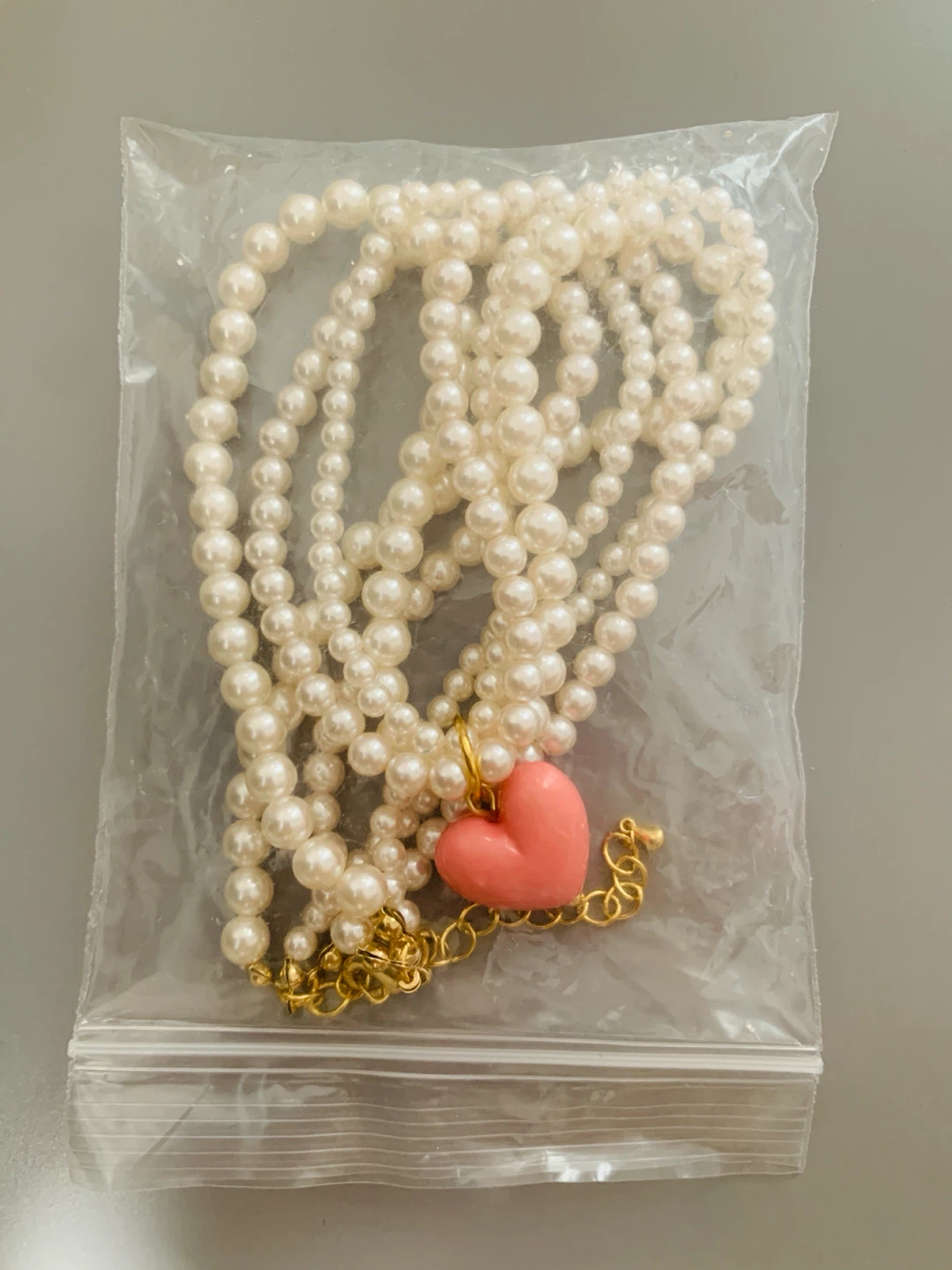 Layered Faux Pearl Necklace with Pink Heart Pendant - photo 2
