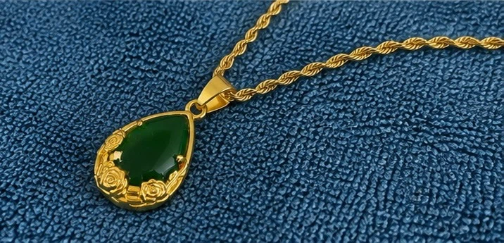 Gold Teardrop Pendant Necklace with Rose Detail
