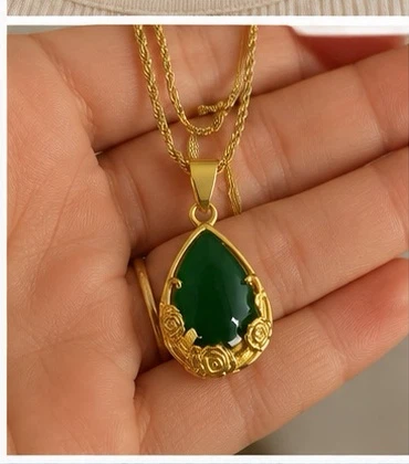 Gold Teardrop Pendant Necklace with Rose Detail - photo 3