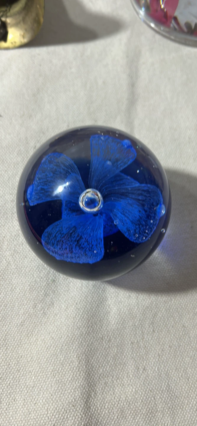 Glass Paperweight with Blue Flower