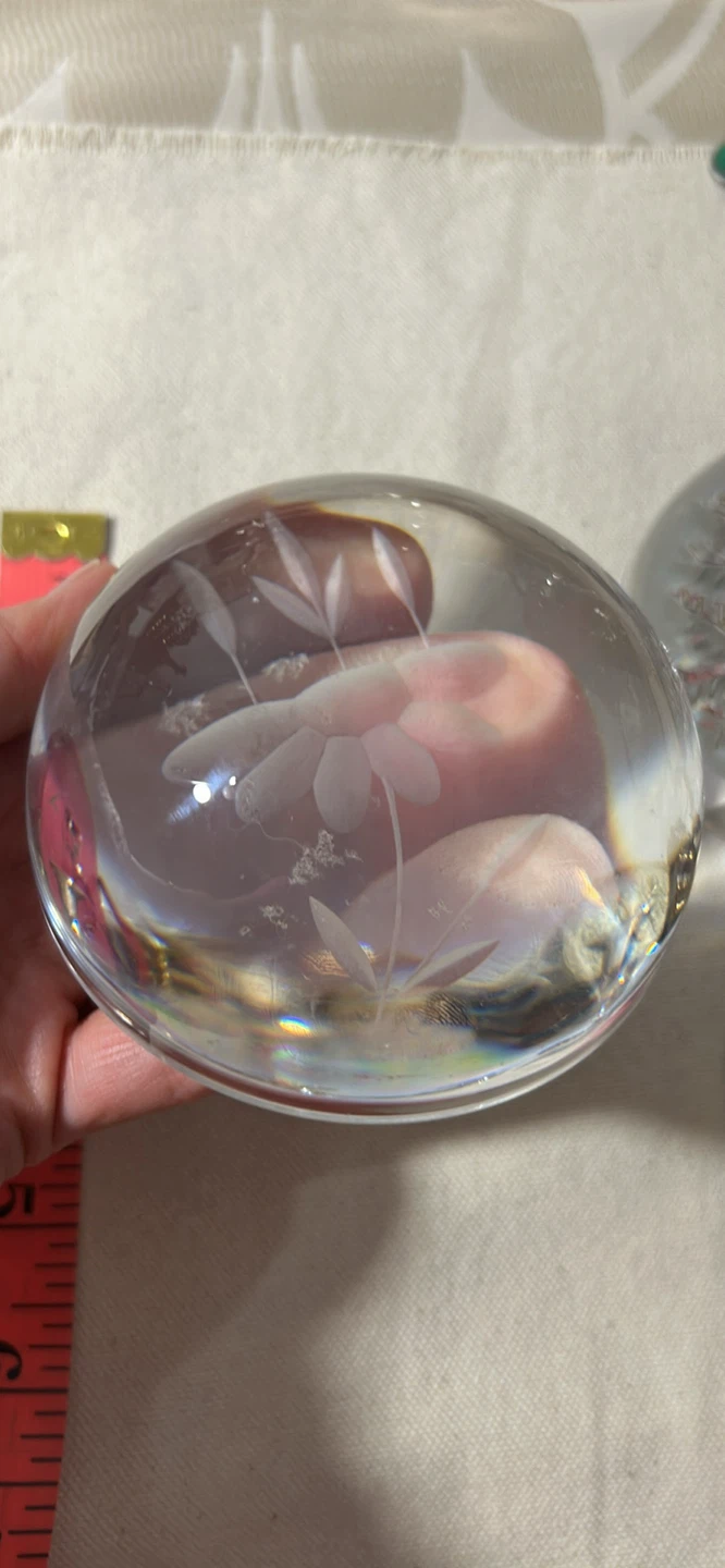 Clear Glass Paperweight with Floral Etching - photo 2