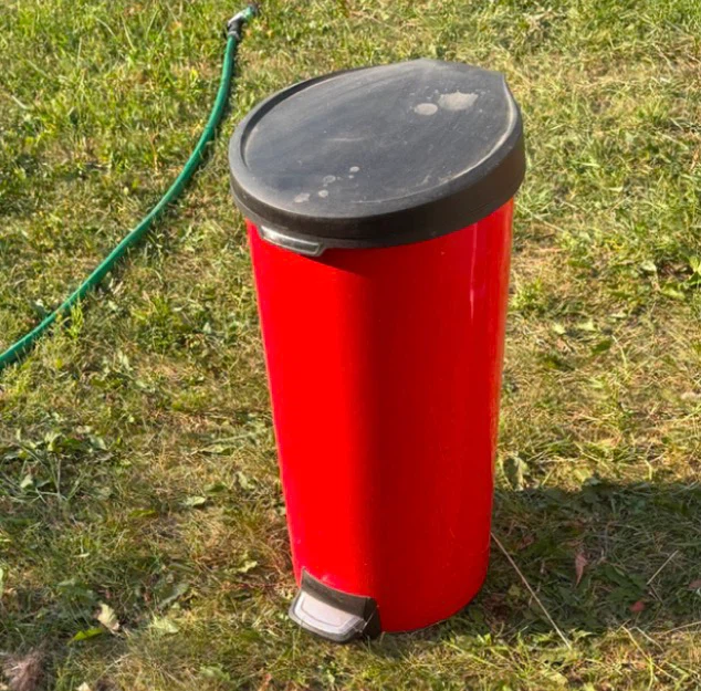 Red Step Trash Can with Black Lid