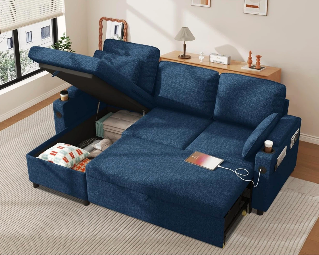 Duraspace Sofa Bed Sleeper with Pullout Bed,Storage Chaise,USB
