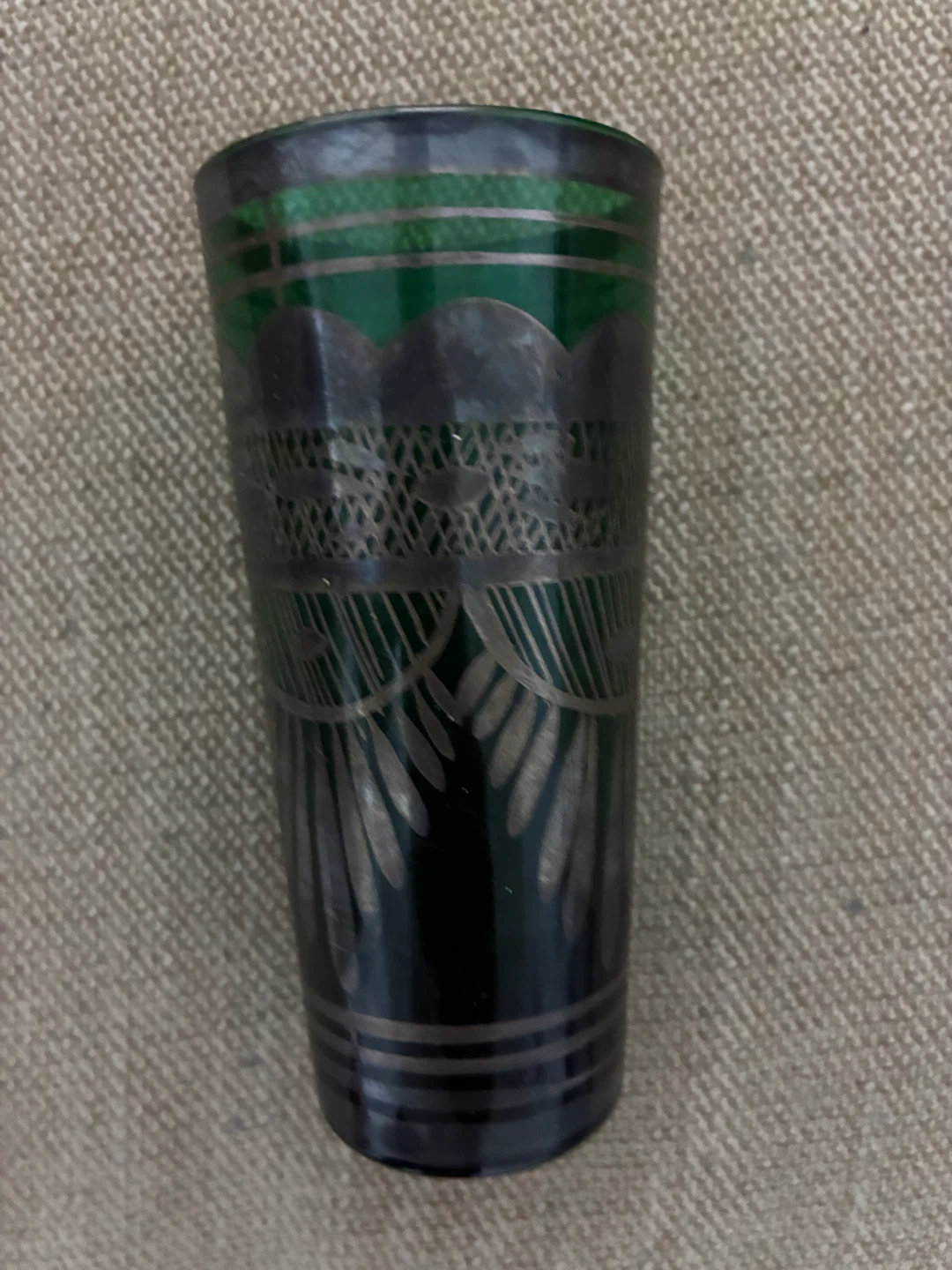 Vintage Green Etched Glass Shot Glass
