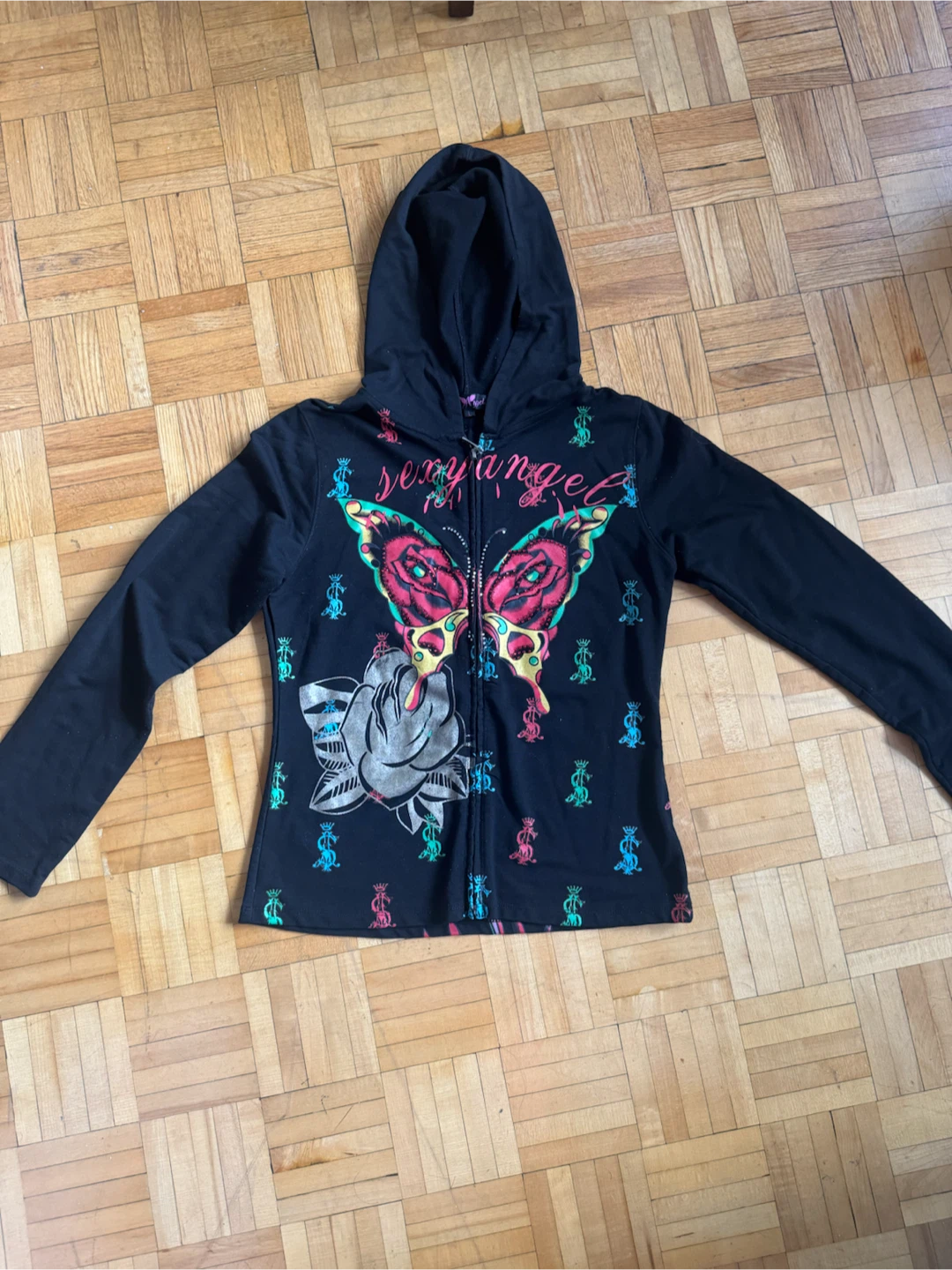 Sexy Angel Black Hoodie with Butterfly Graphic - Size L