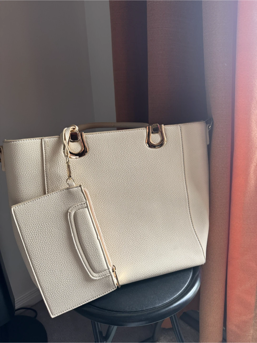 Cream Faux Leather Tote Bag with Matching Pouch