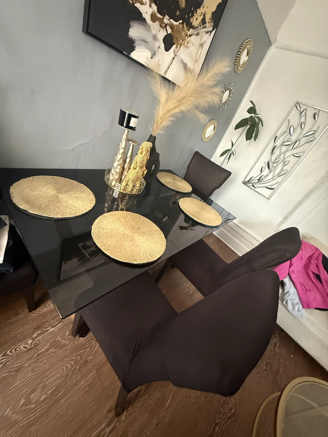 Glass Dining Table with 4 Black Chairs