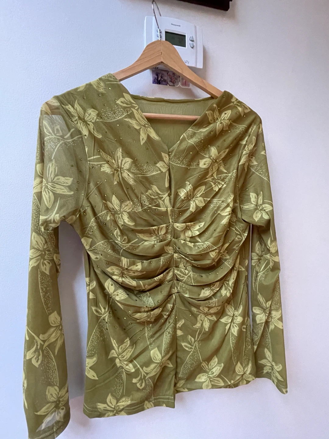 Green Floral Mesh Ruched Long Sleeve Top