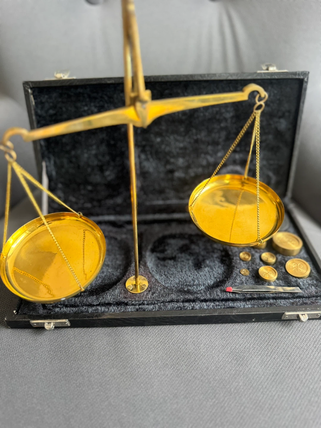 Vintage Brass Scale with Weights and Tweezers - photo 2
