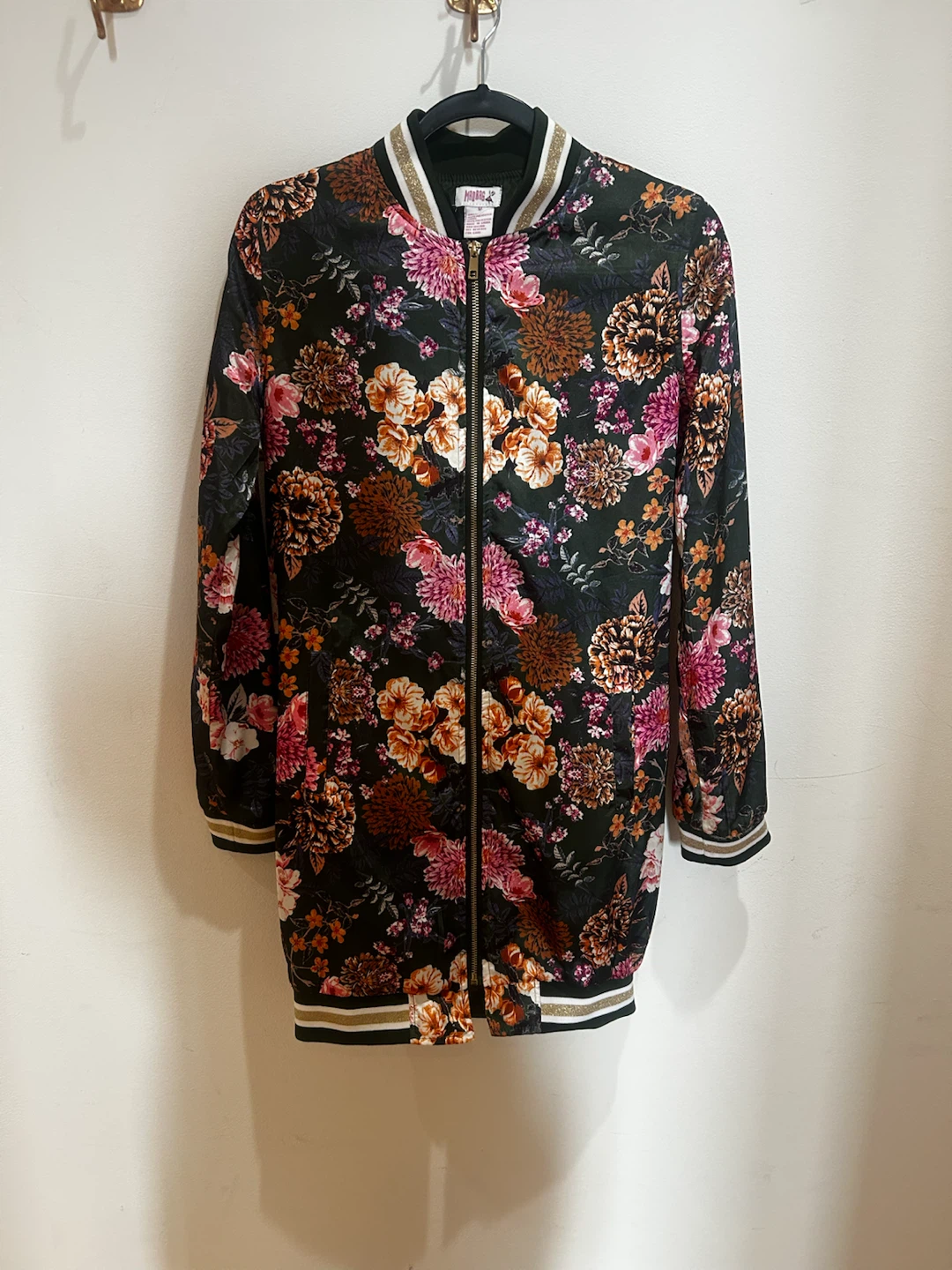 Mad Rag Floral Longline Bomber Jacket — Size M, Gold Zip