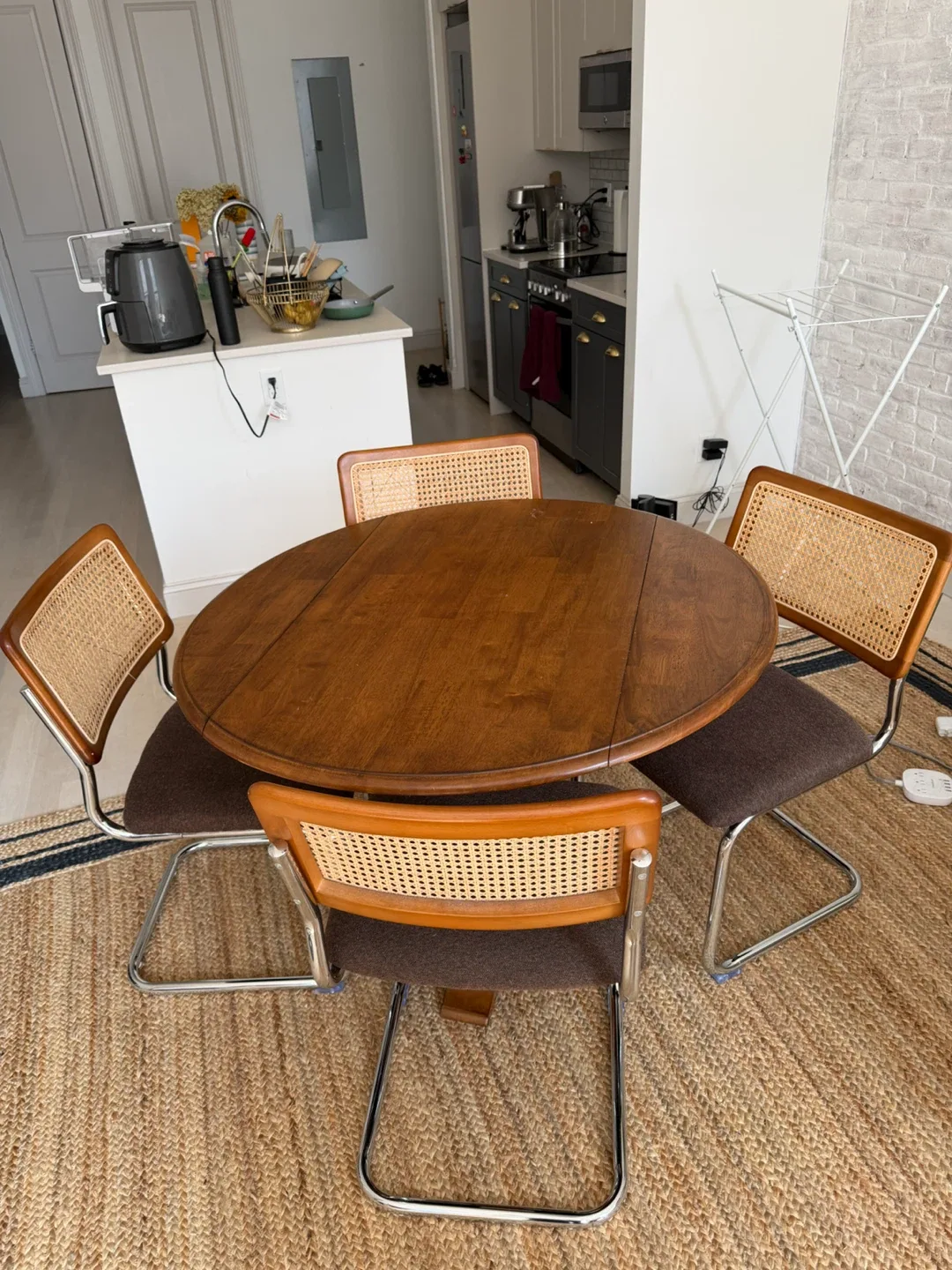 Round Wood Dining Table with 4 Cane Chairs