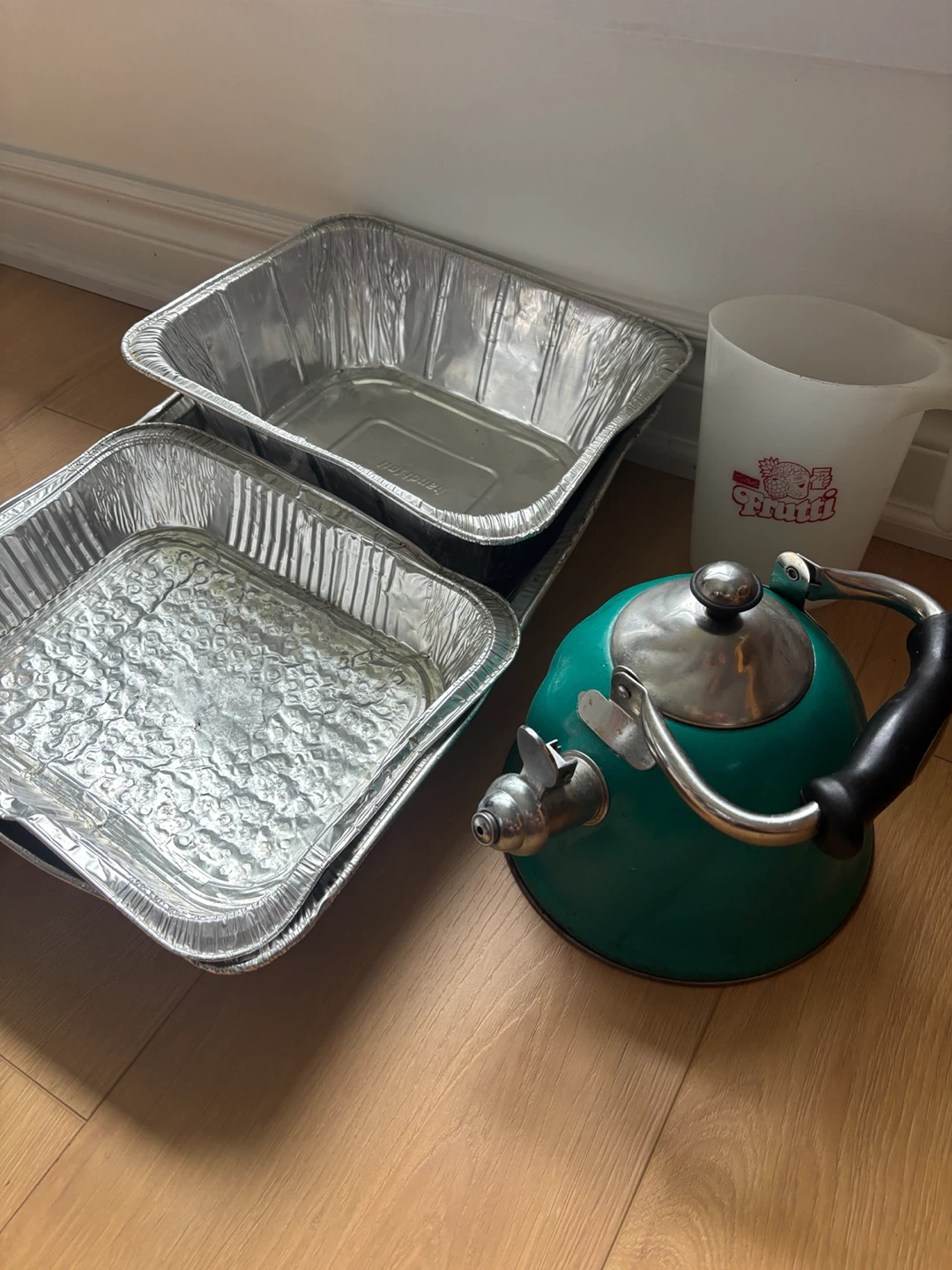 3 Foil Pans, Green Kettle & Milk Container