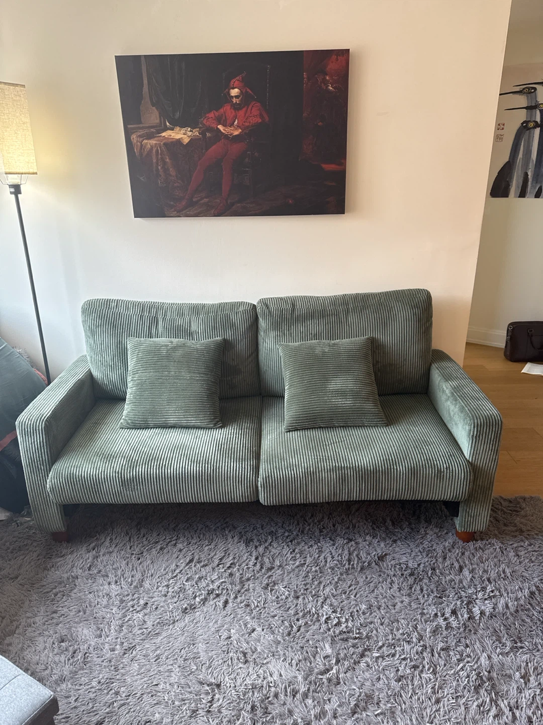 Sage Green Corduroy Loveseat with Pillows