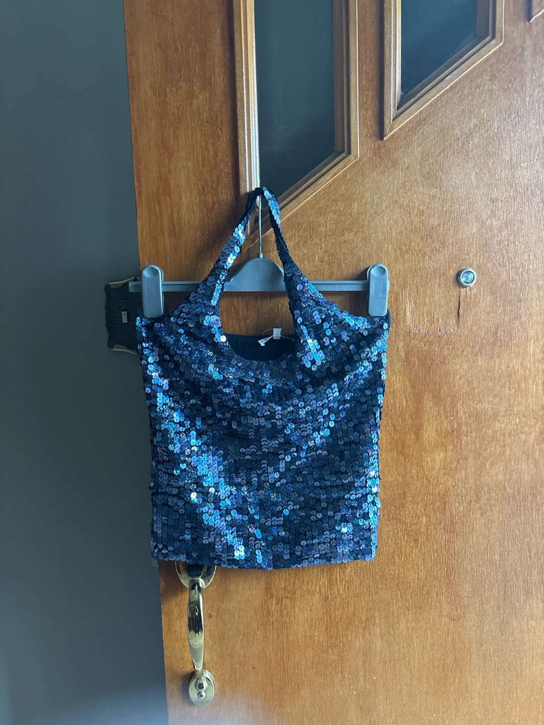 Black halter top with blue sequins