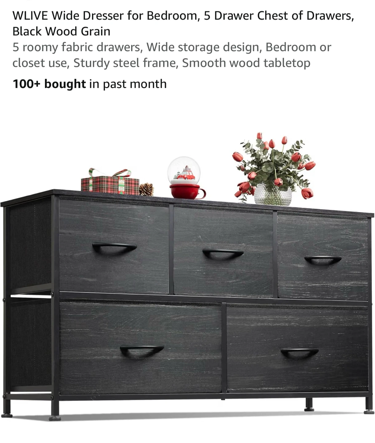 WLIVE 5 Drawer Black Wood Grain Dresser