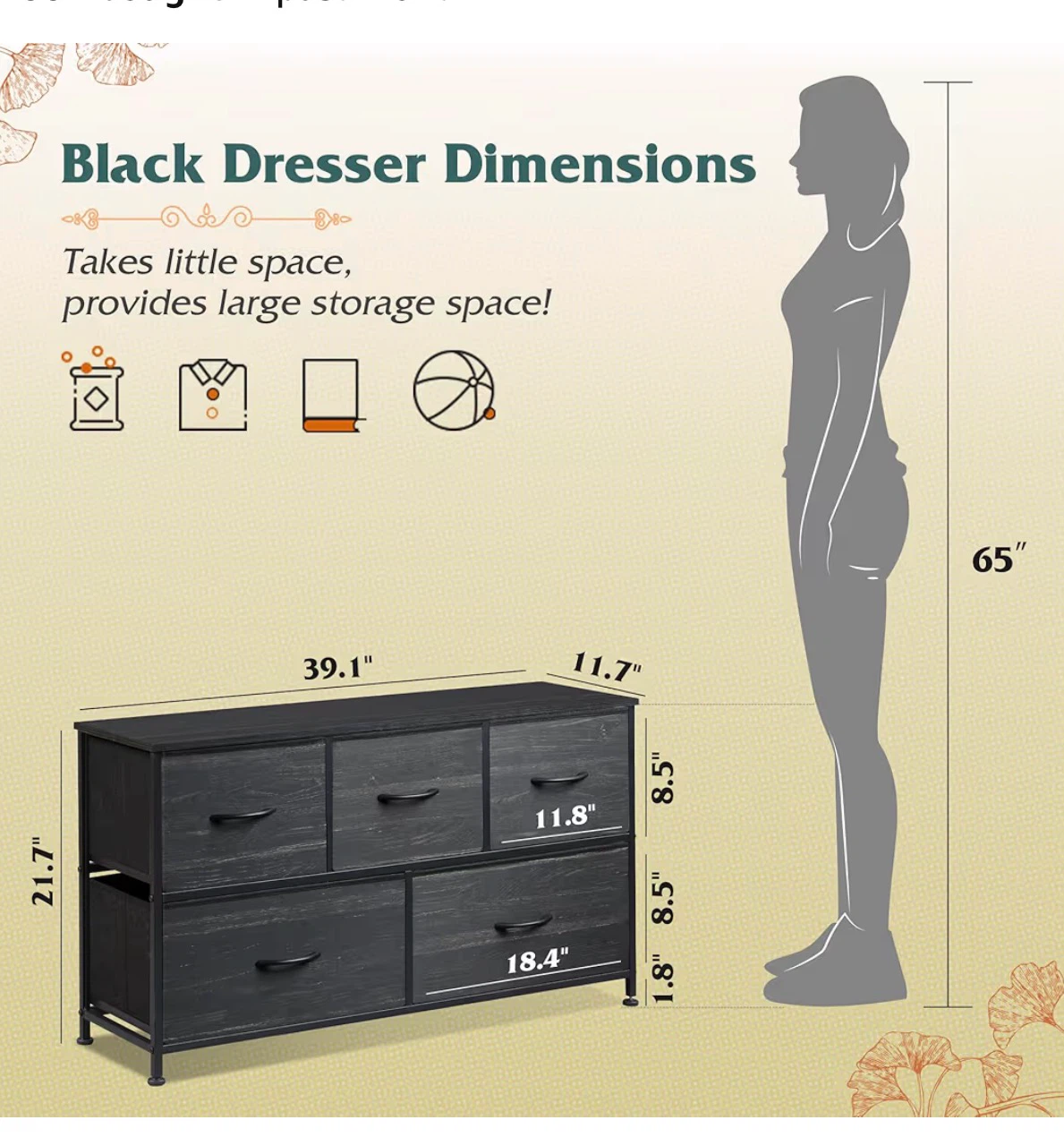 WLIVE 5 Drawer Black Wood Grain Dresser - photo 2
