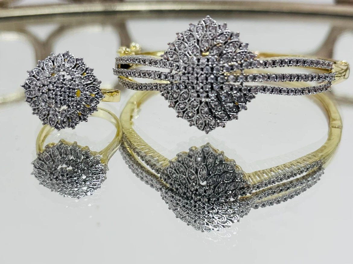 Gold-tone Bracelet and Ring Set with Rhinestones