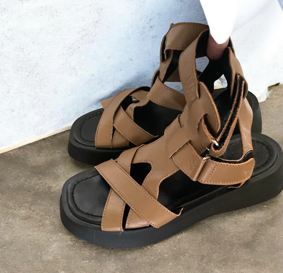 Brown Leather Platform Gladiator Sandals