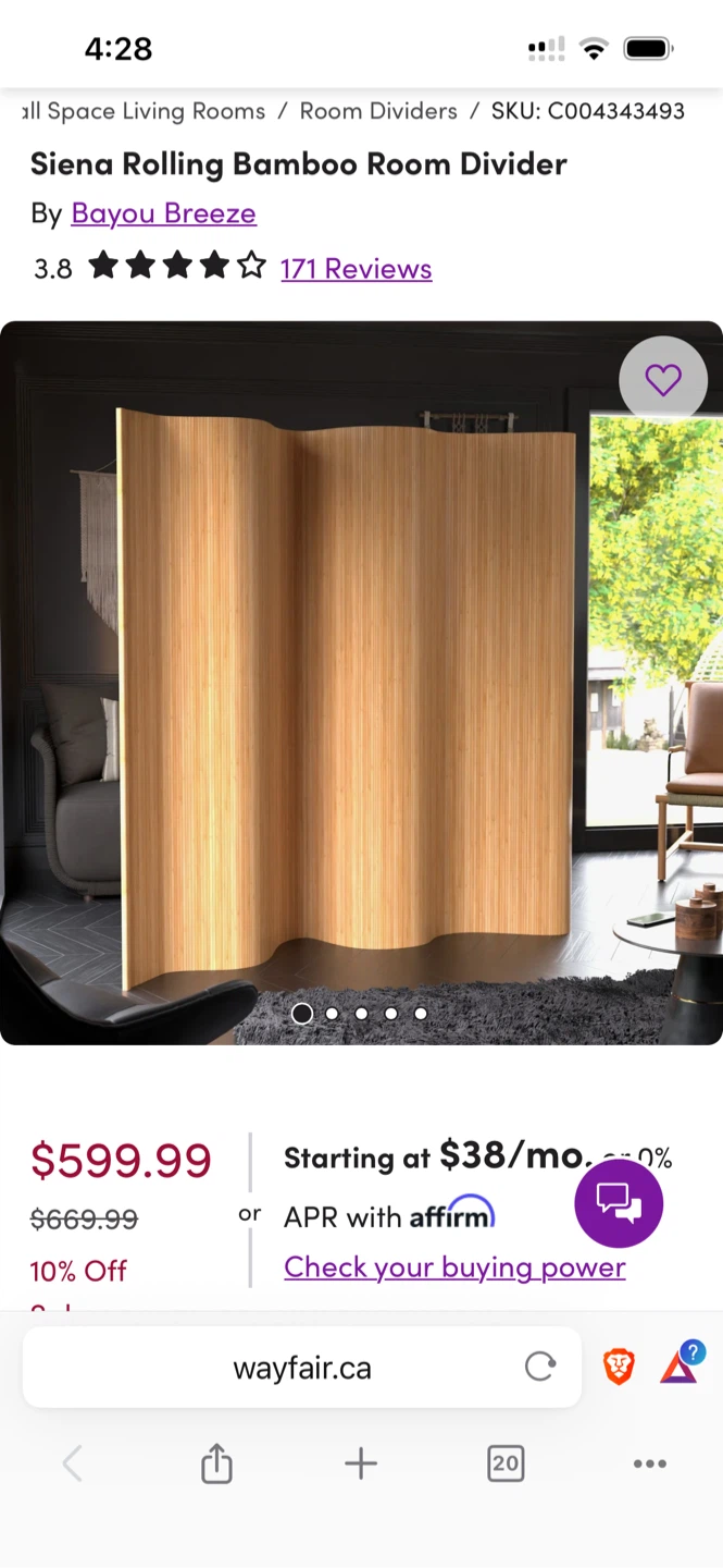 Wayfair 6 ft Bamboo Rolling Room Divider – Honey