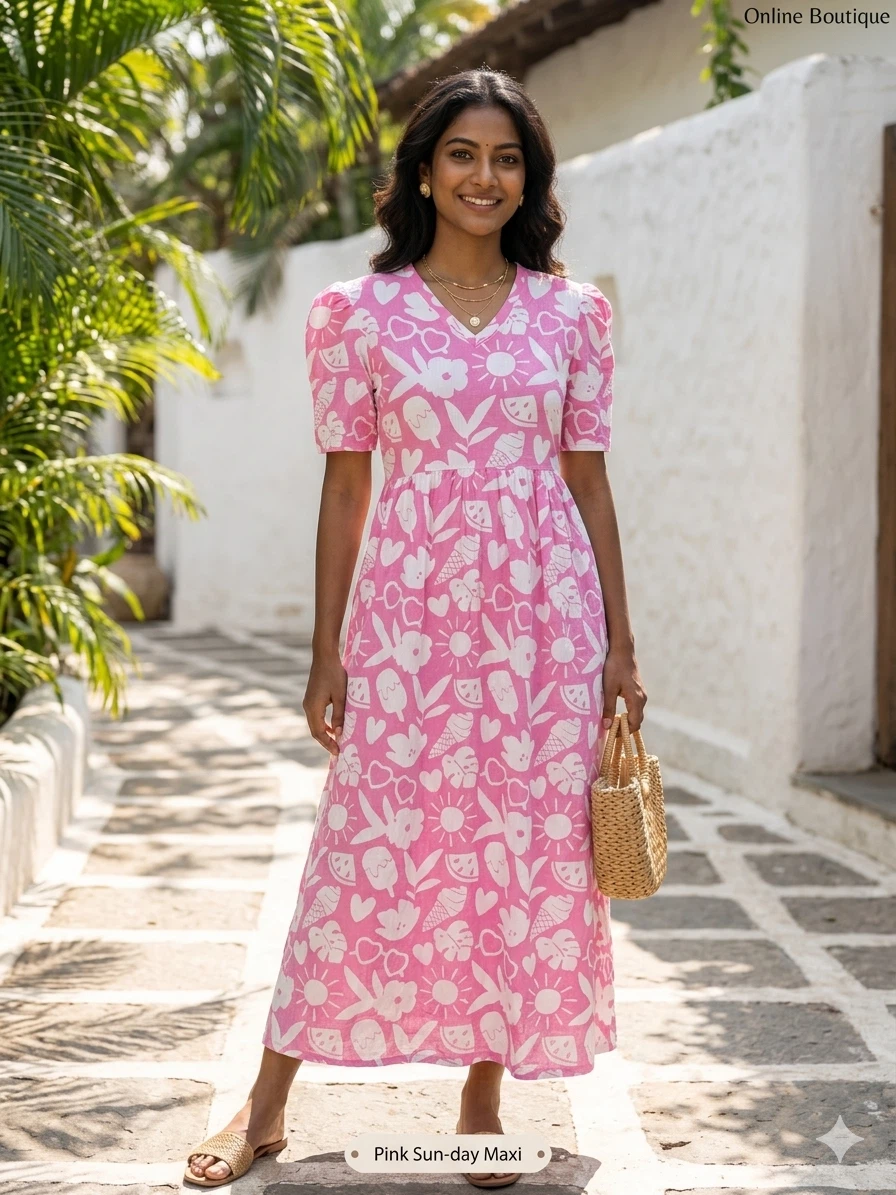 Pink Summer Maxi Dress with Fun Print