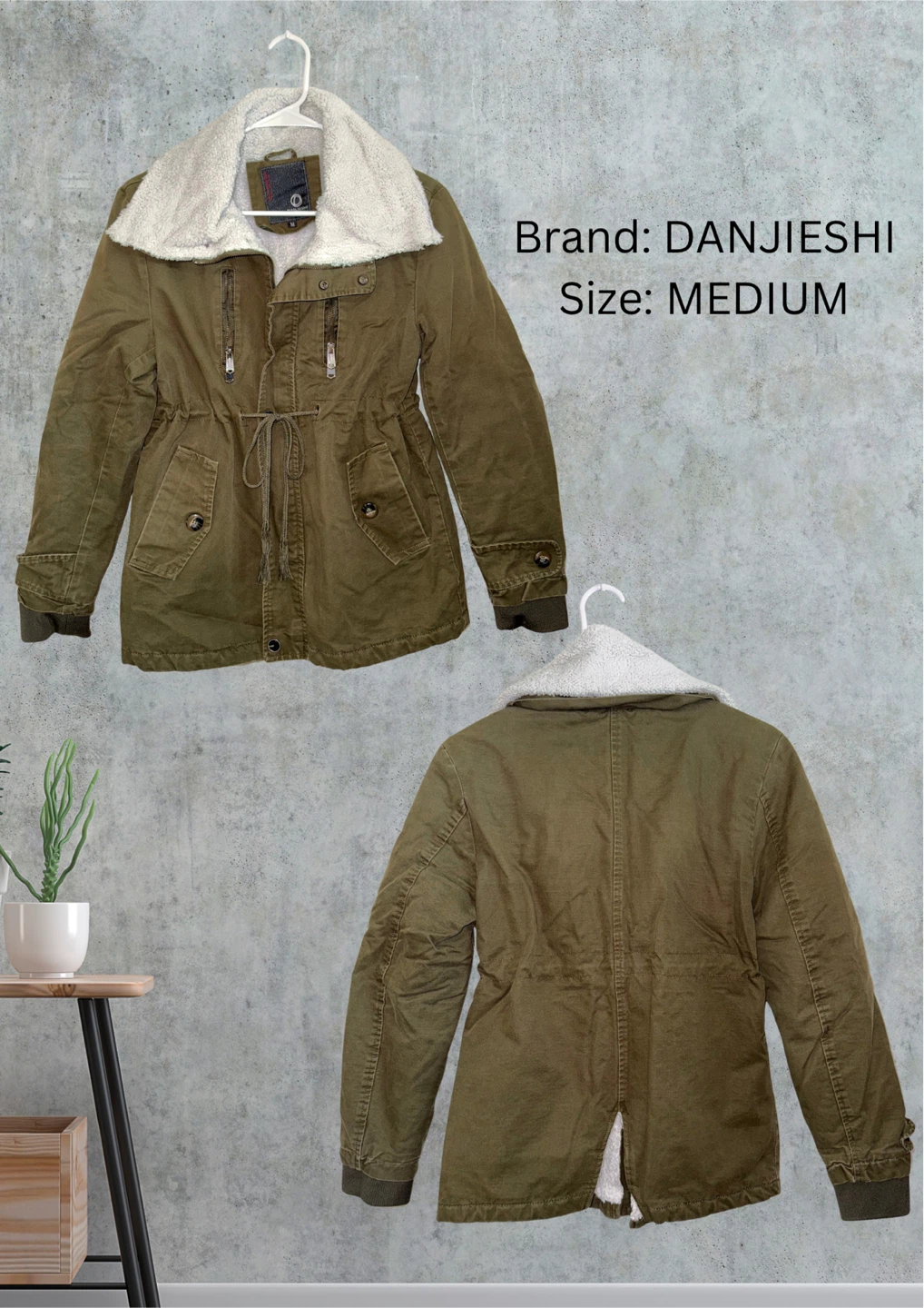 DANJIESHI Women's Green Parka Jacket - Size Medium
