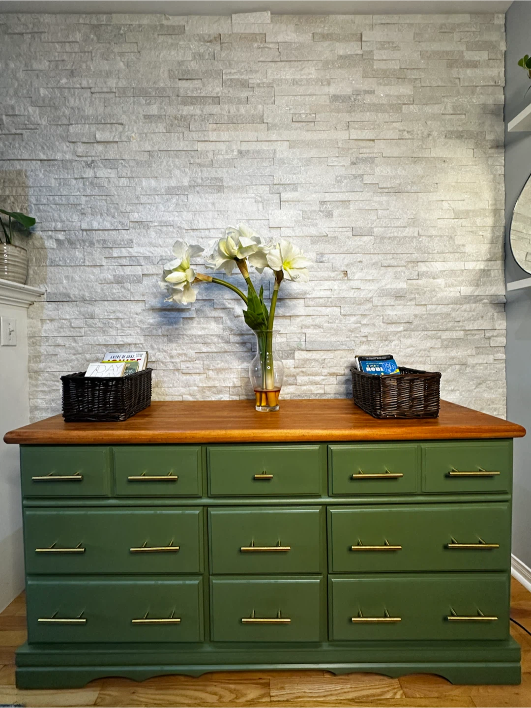 Green Dresser with Wood Top and Gold Hardware
