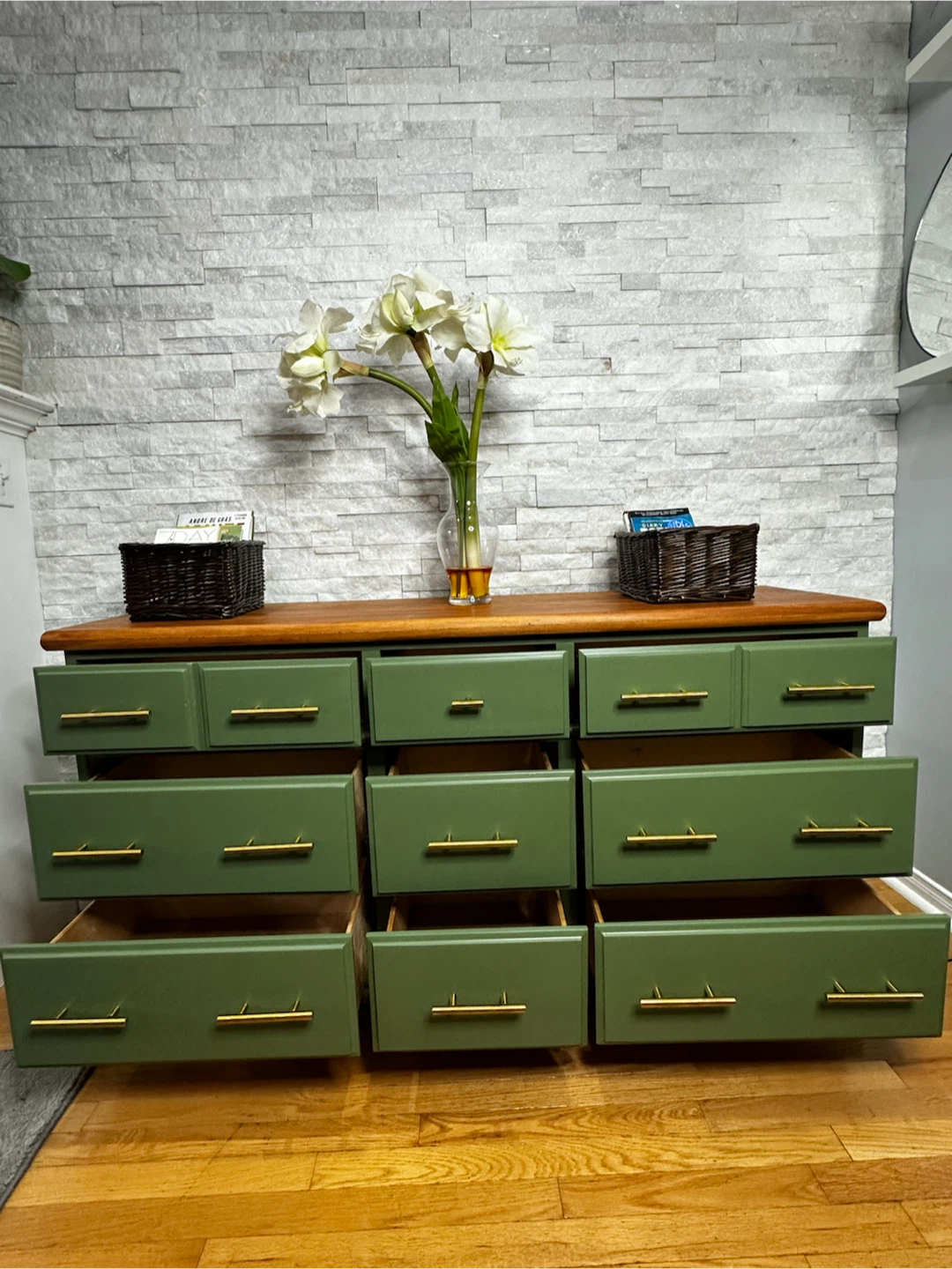 Green Dresser with Wood Top and Gold Hardware - photo 2