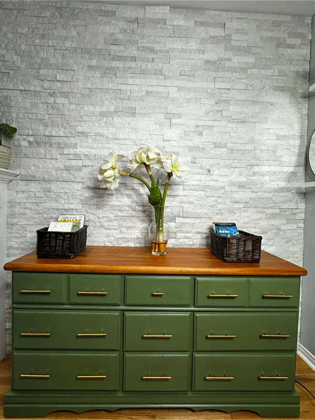 Green Dresser with Wood Top and Gold Hardware - photo 3
