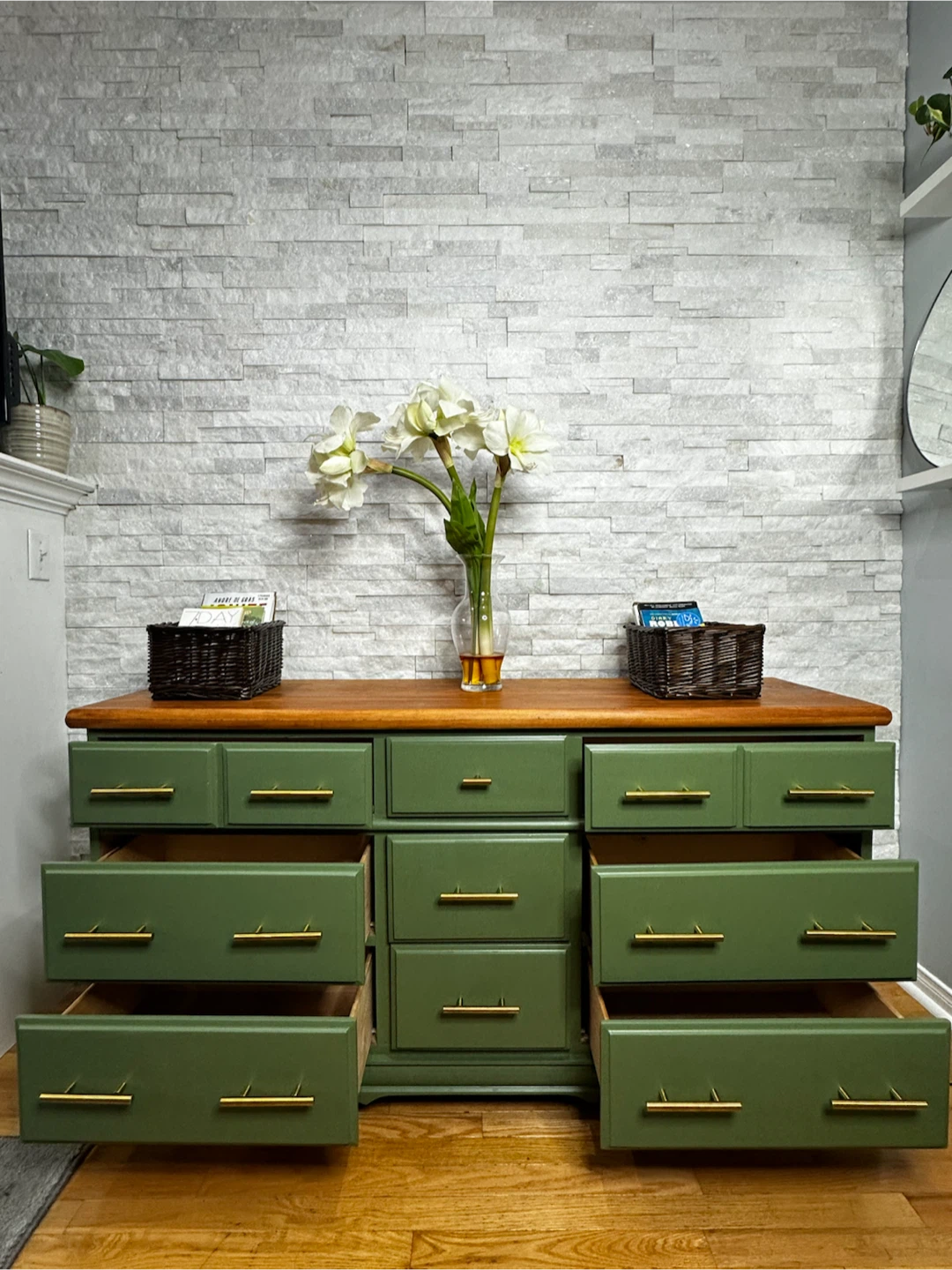 Green Dresser with Wood Top and Gold Hardware - photo 4