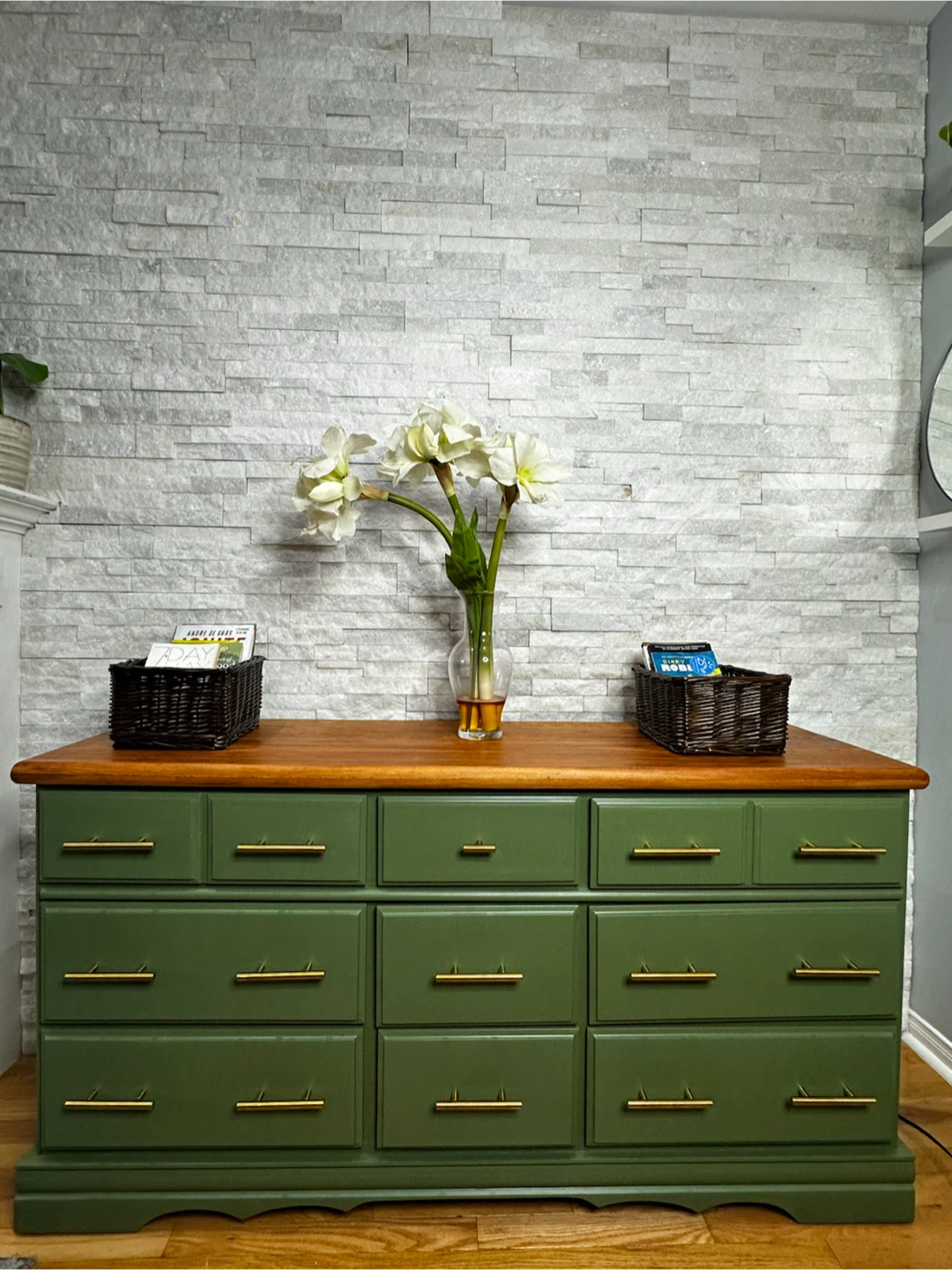 Green Dresser with Wood Top and Gold Hardware - photo 5
