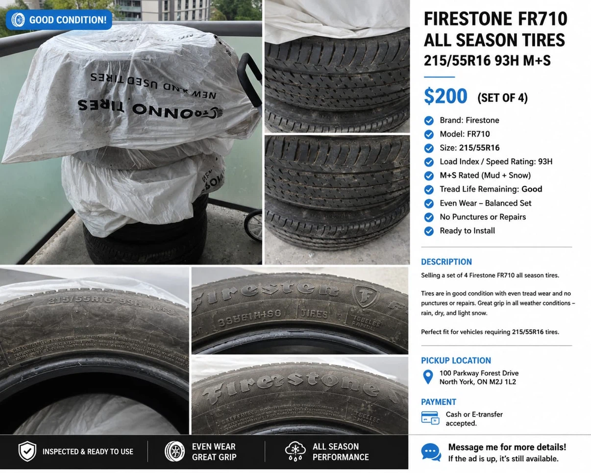 Set of 4 Firestone FR710 All-Season Tires – 215/55R16 93H M+S