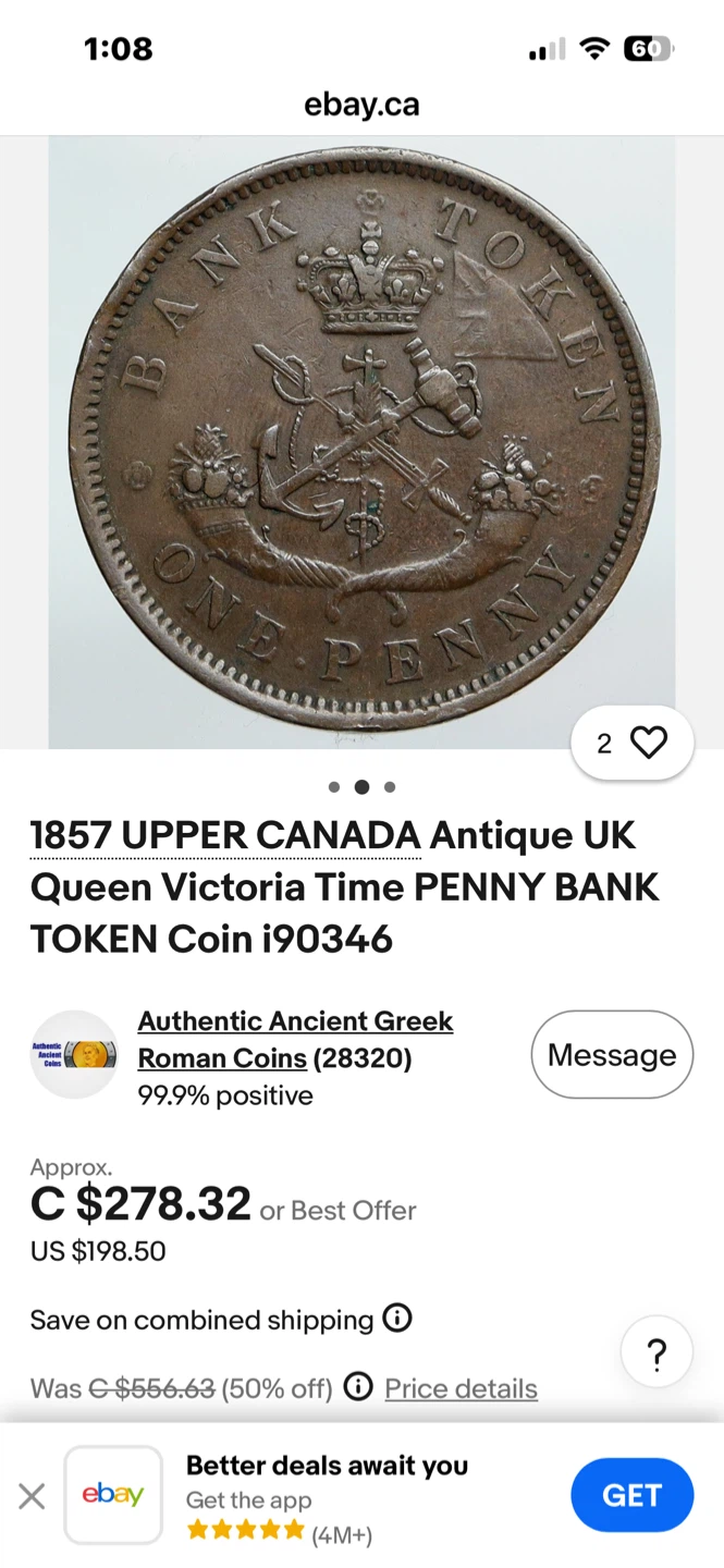 1857 Bank of Upper Canada 1/2 Penny Token - photo 3