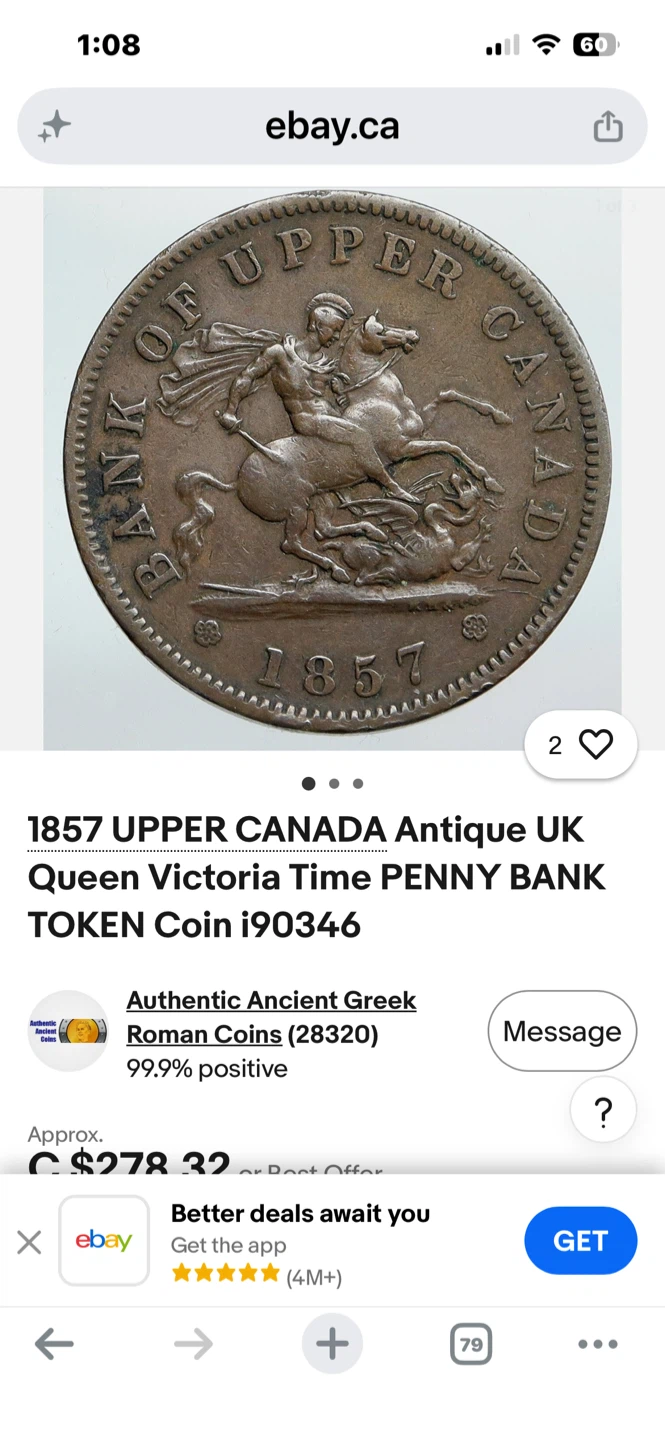 1857 Bank of Upper Canada 1/2 Penny Token - photo 4